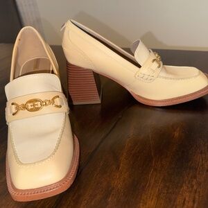 Sam Edelman white and cream high heel loafer, gold horsebit accent